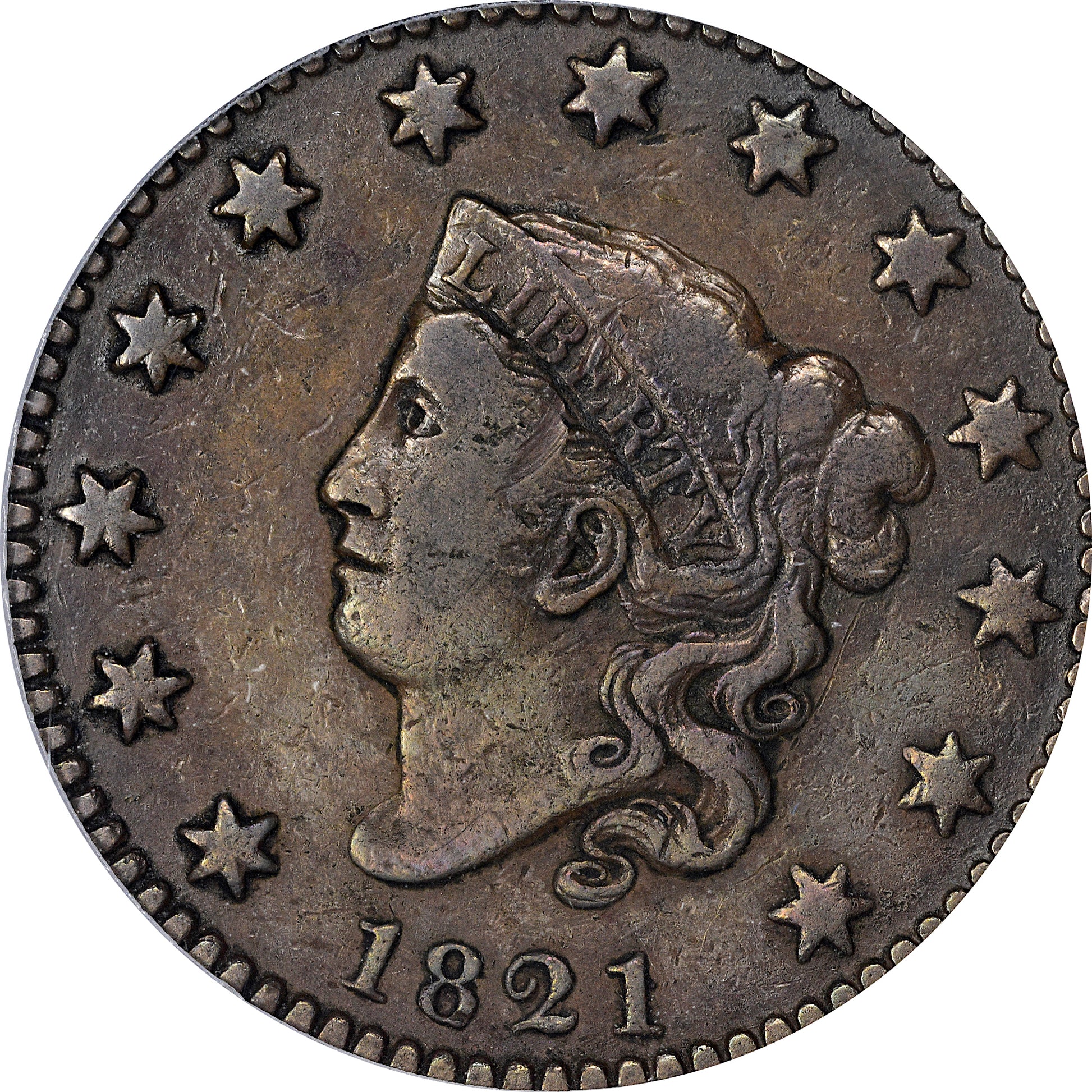 1821 Coronet Head Cent 1C VF30 OGH PCGS CAC