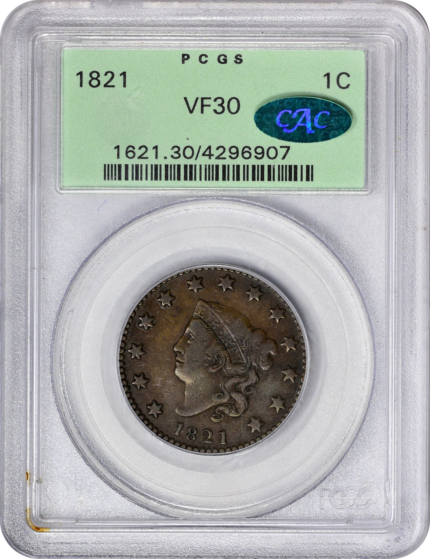 1821 Coronet Head Cent 1C VF30 OGH PCGS CAC Holder With Green CAC Sticker