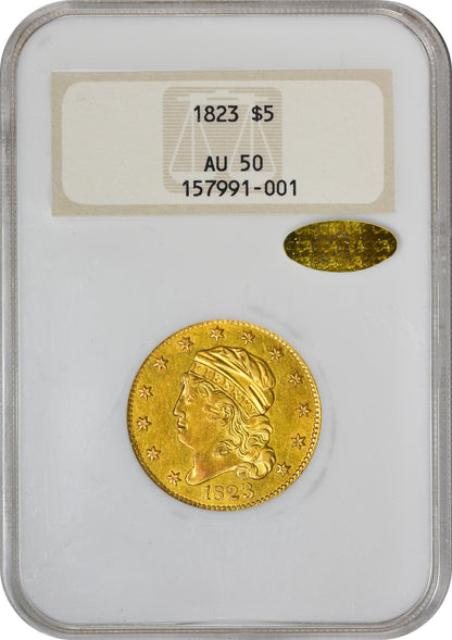 1823 $5 AU50 OH NGC GOLD CAC