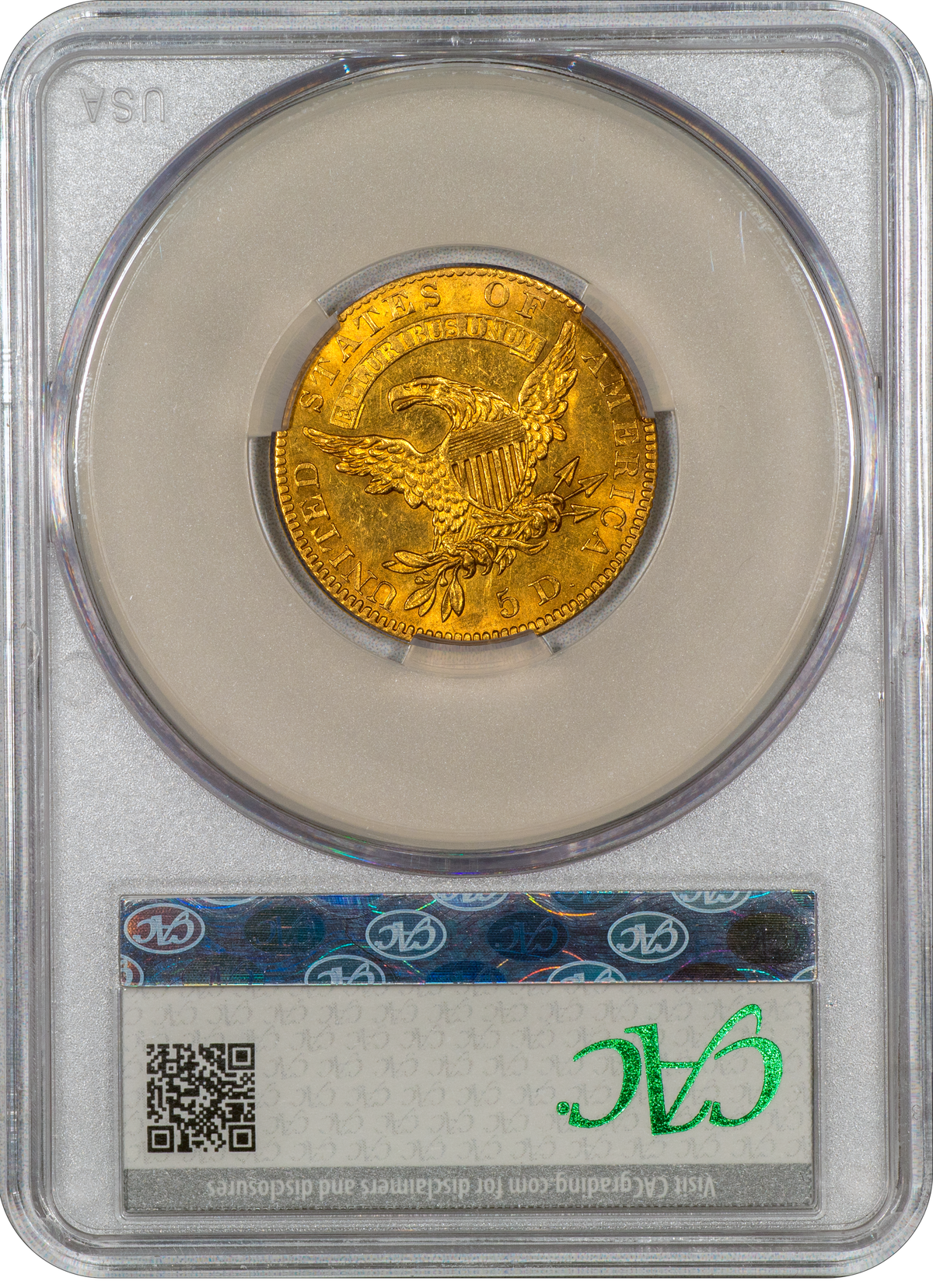 1827 Capped Bust Half Eagle $5 MS62+ CACG EX PARMELEE/CHAPMAN/KING FAROUK Reverse Holder