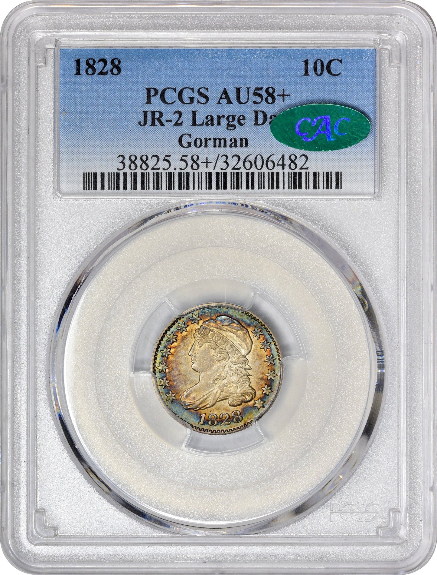 1828 10C LARGE DATE AU58+ PCGS CAC HOLDER WITH CAC STICKER