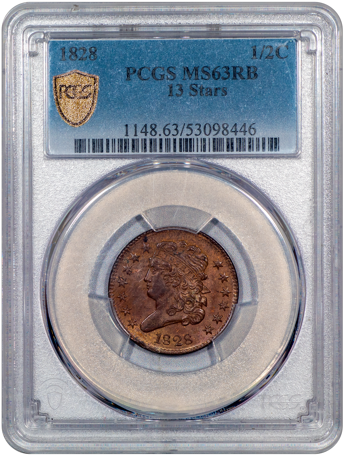 1828 1/2C 13 STARS Classic Head Half Cent MS63 RB PCGS holder