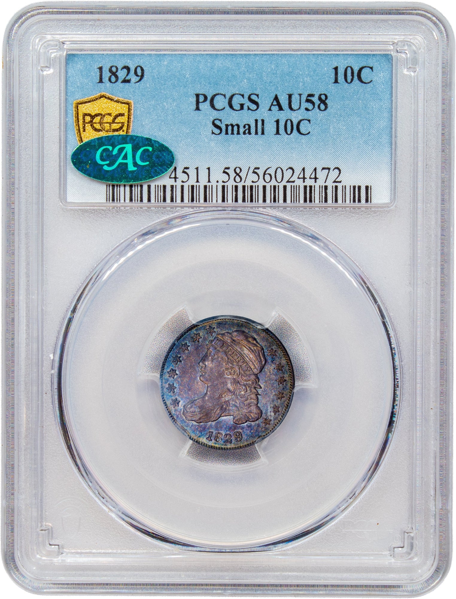 1829 10C SMALL 10C AU58 PCGS CAC HOLDER WITH CAC GREEN STICKER