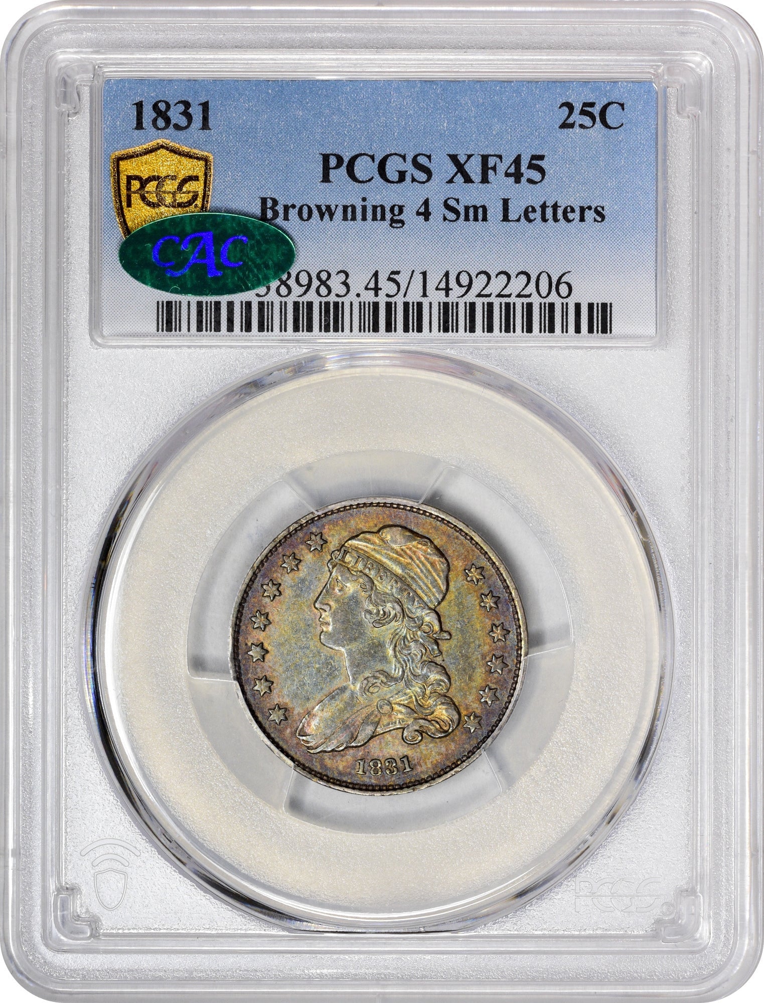 1831 25C Sm Lt Xf45 Pcgs Cac