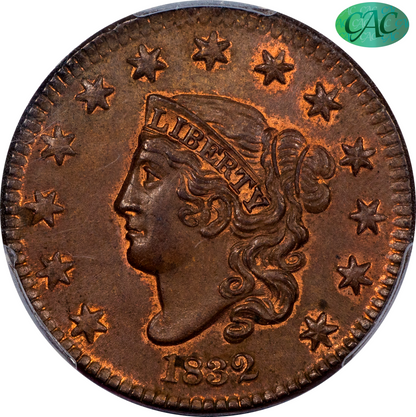 1832 1C LARGE CENT MEDIUM MS62 BN PCGS CAC