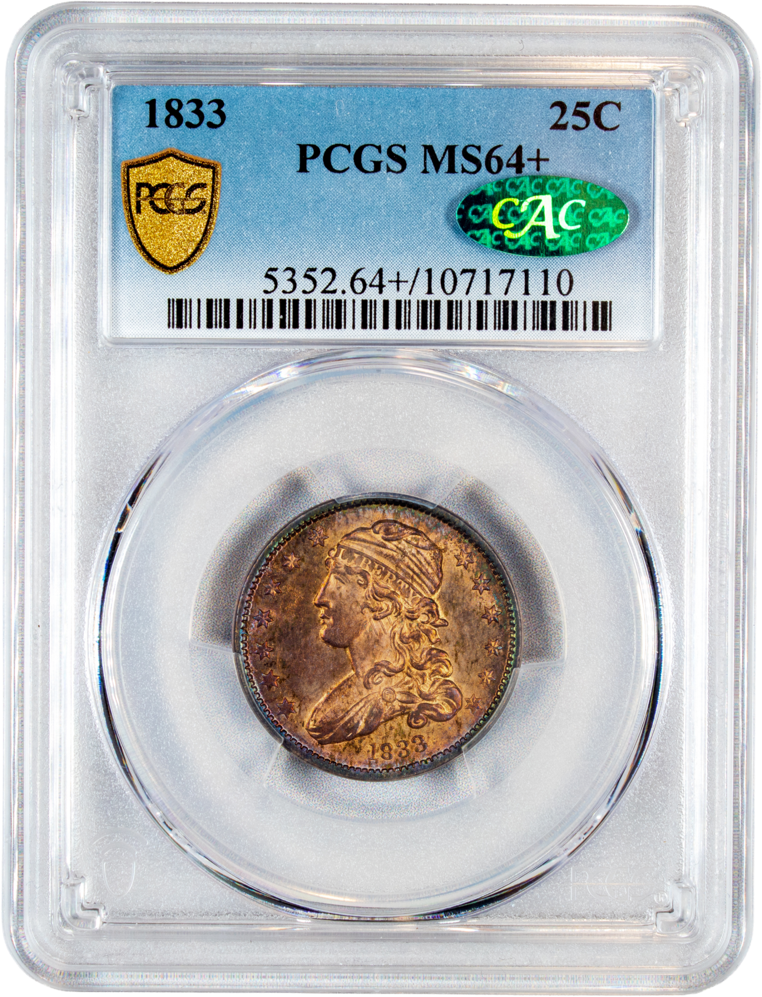 1833 25C MS64+ PCGS CAC REVERSE HOLDER WITH GREEN CAC STICKER