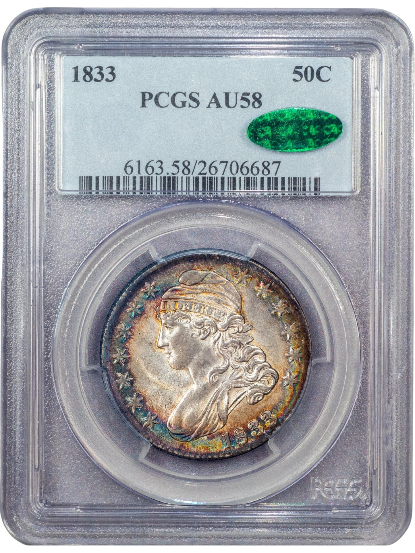 1833 50C AU58 PCGS CAC HOLDER WITH CAC GREEN STICKER