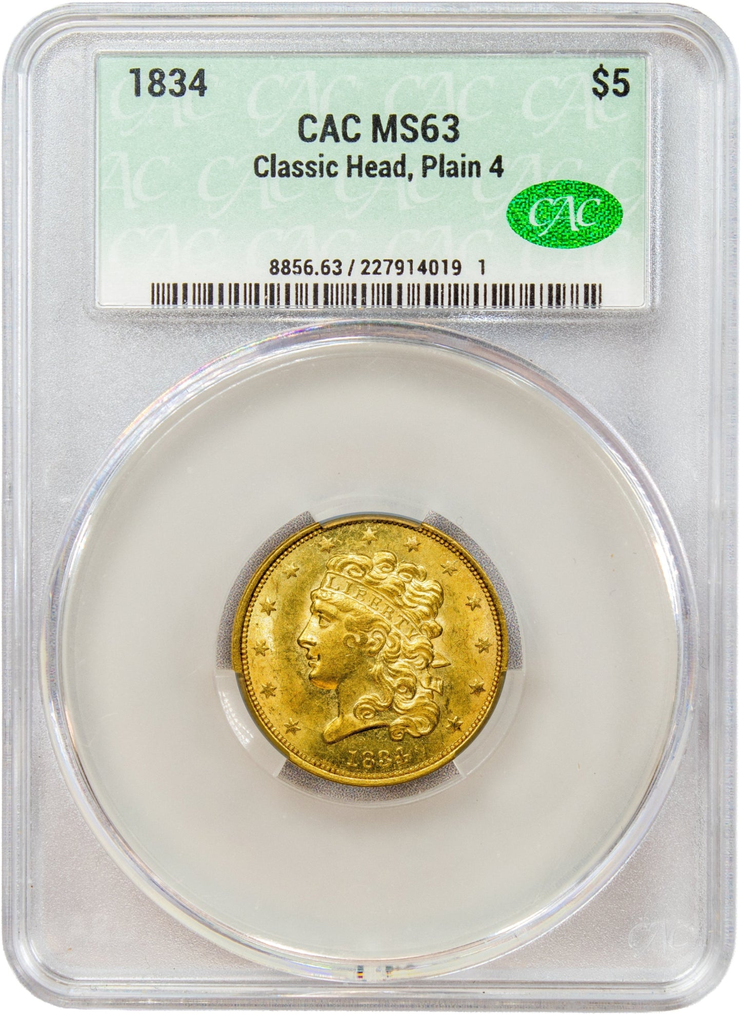 1834 $5 CLASSIC HEAD PLAIN 4 MS63 CACG $5