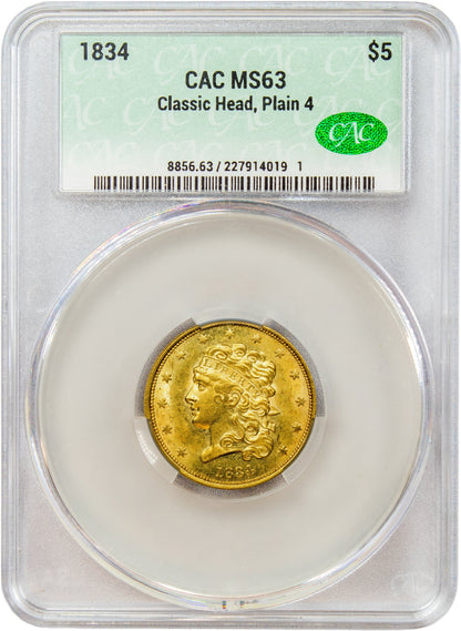1834 $5 CLASSIC HEAD PLAIN 4 MS63 CACG $5