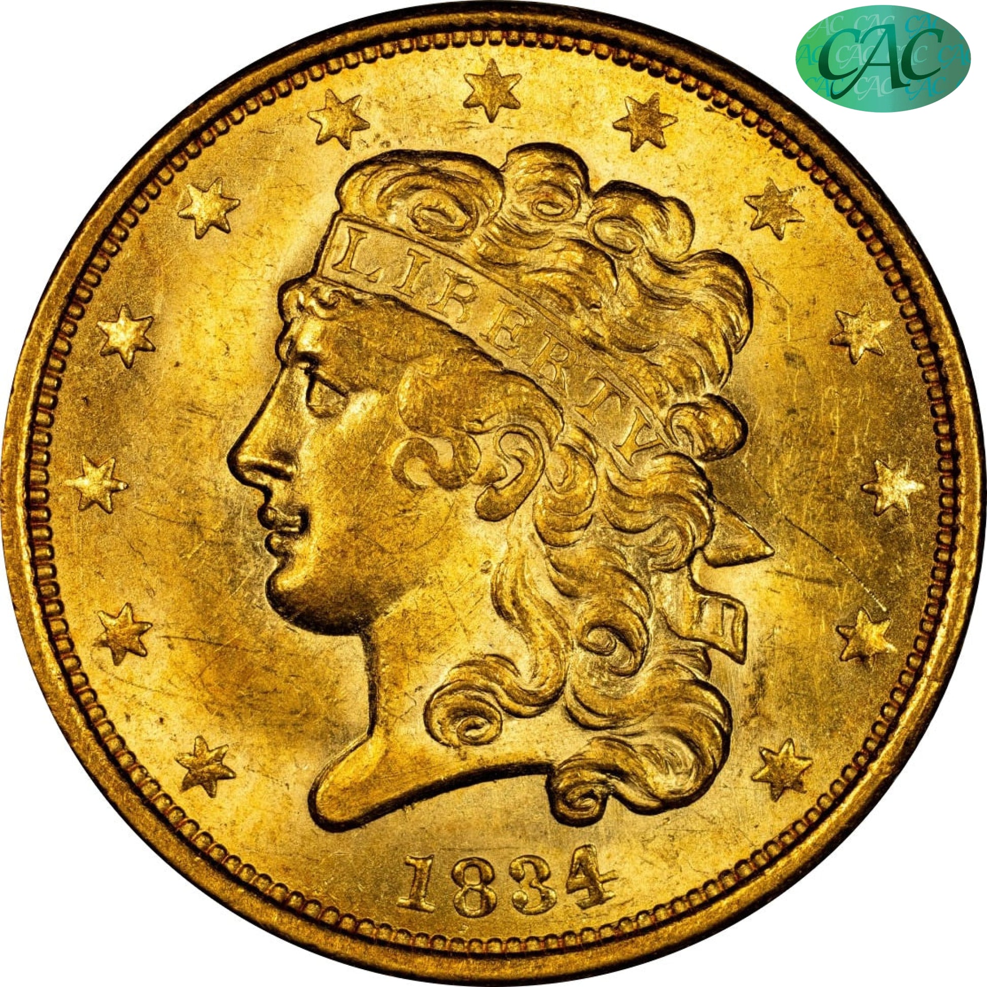 1834 $5 CLASSIC HEAD PLAIN 4 MS63 CACG $5