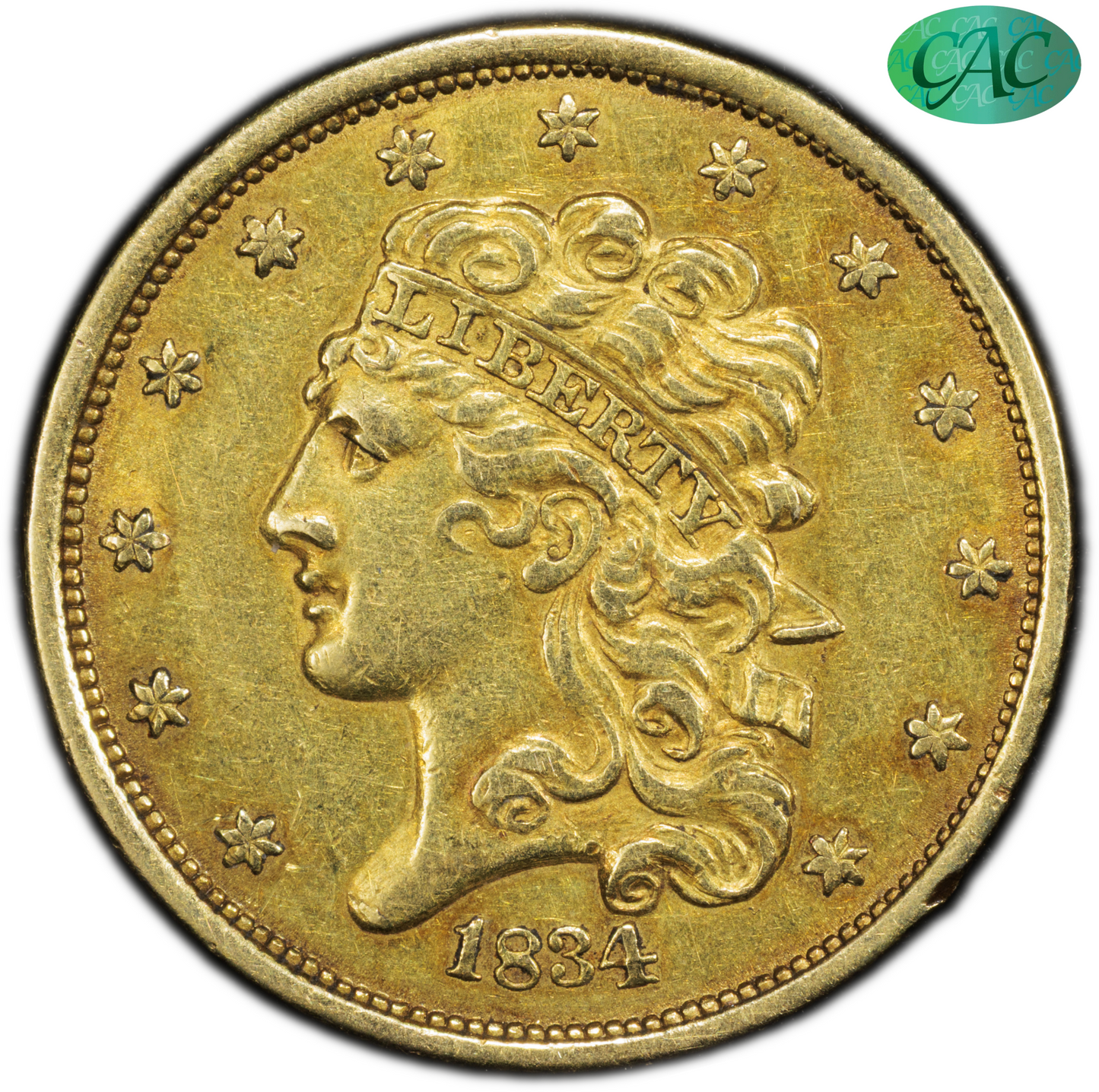 1834 $5 CLASSIC HEAD PLAIN 4 AU55 PCGS CAC $5