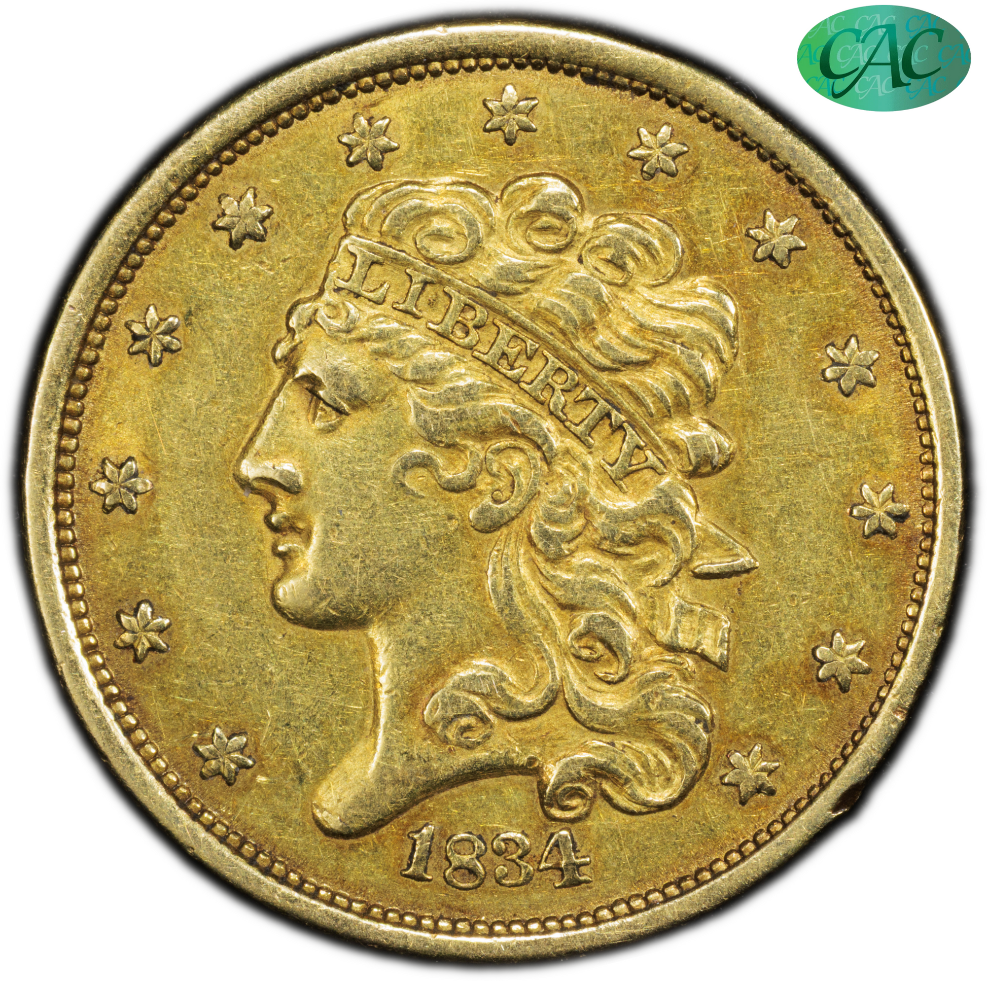 1834 $5 CLASSIC HEAD PLAIN 4 AU55 PCGS CAC $5