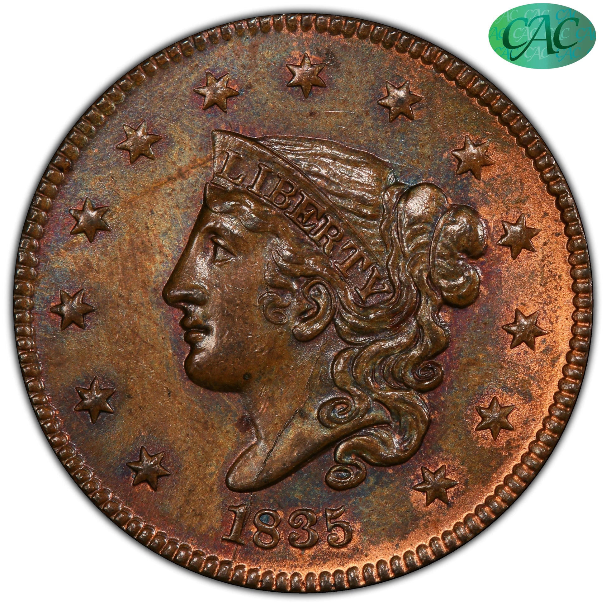 1835 1C HEAD OF 36 MS64 RB PCGS CAC EX BLAND/ RALLS/ ELLSWORTH
