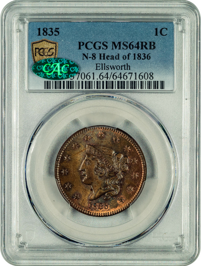 1835 1C HEAD OF 36 MS64 RB PCGS CAC EX BLAND/ RALLS/ ELLSWORTH