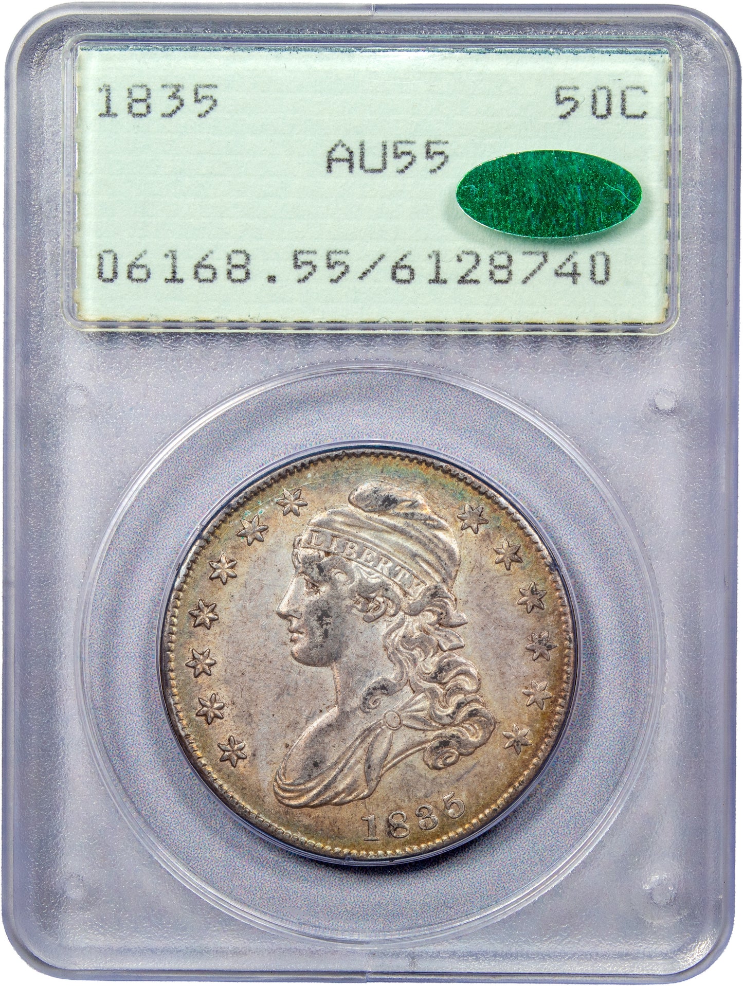 1835 50C AU55 OGH RATTLER PCGS CAC HOLDER WITH CAC GREEN STICKER 