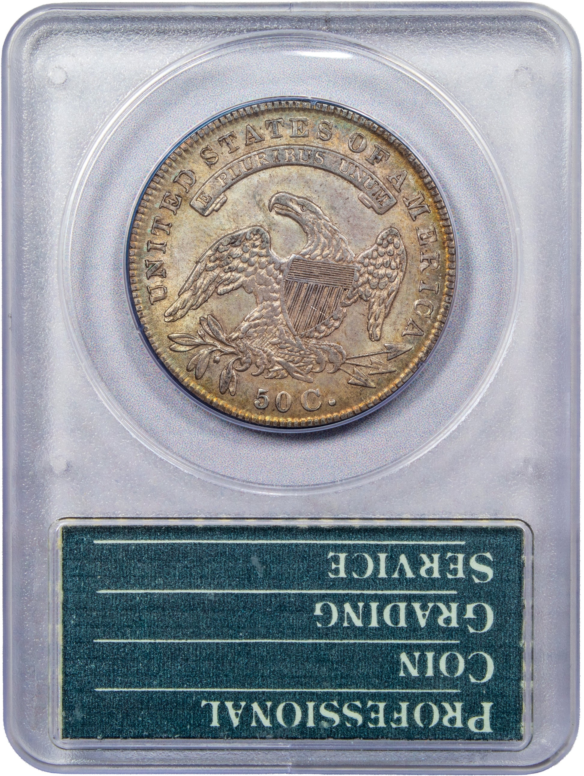 1835 50C AU55 OGH RATTLER PCGS CAC REVERSE HOLDER