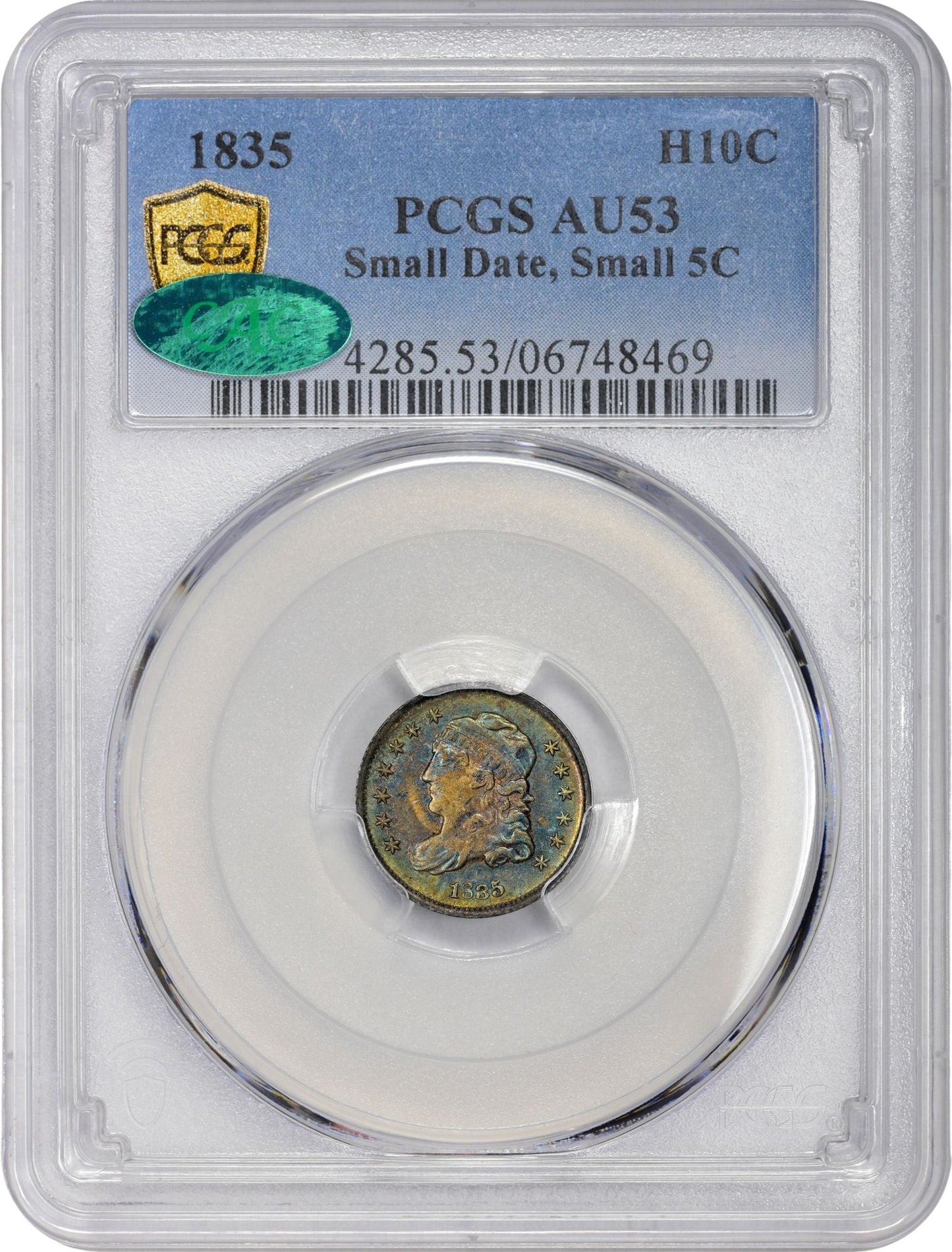 1835 H10C SM DT SM 5 AU53 PCGS CAC HOLDER WITH CAC STICKER