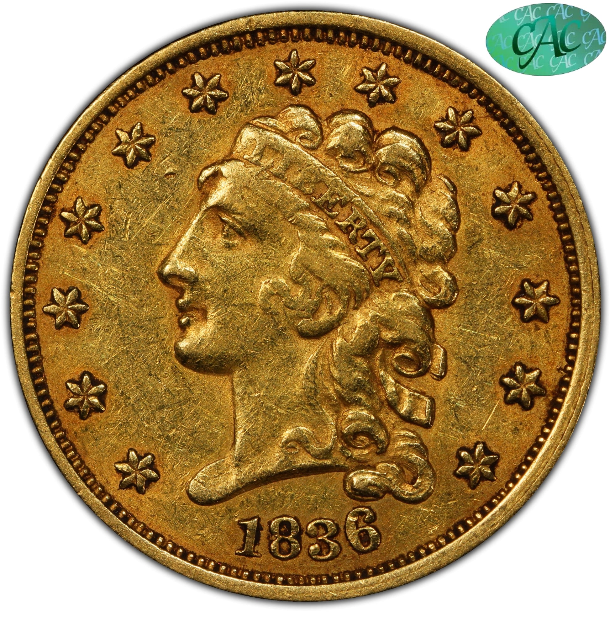 1836 $2.5 BLOCK 8 XF45 PCGS CAC $2.5