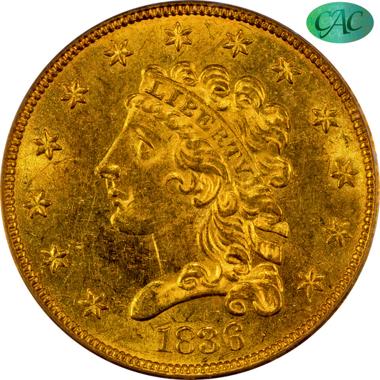 1836 $2.5 BLOCK 8 MS61 PCGS CAC $2.5