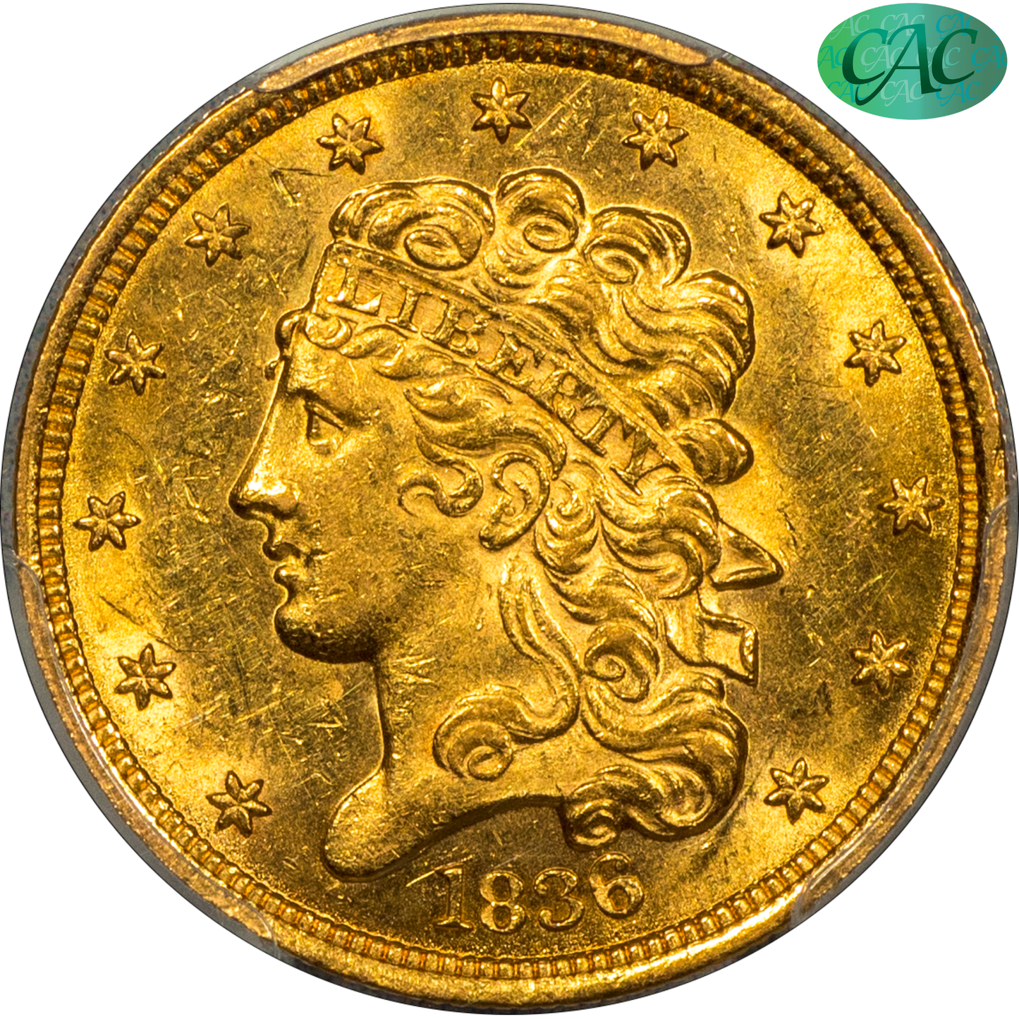 1836 $5 AU58 PCGS CAC