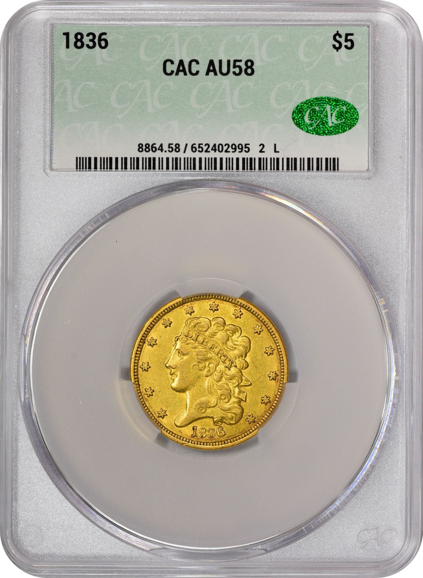 1836 $5 AU58 CACG HOLDER