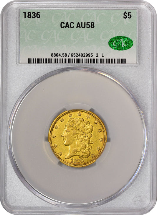 1836 Classic Head Half Eagle $5 AU58 CACG HOLDER