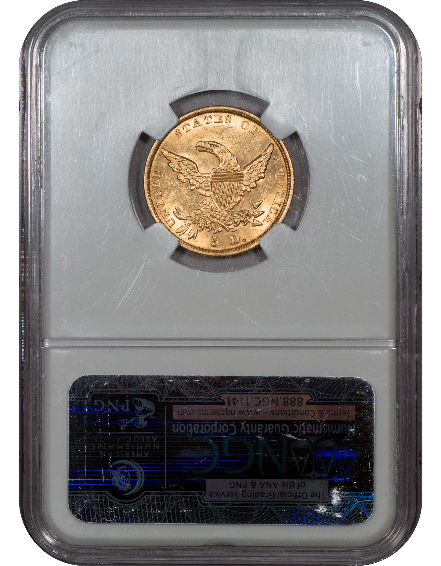 1836 $5 AU58 NGC CAC REVERSE HOLDER