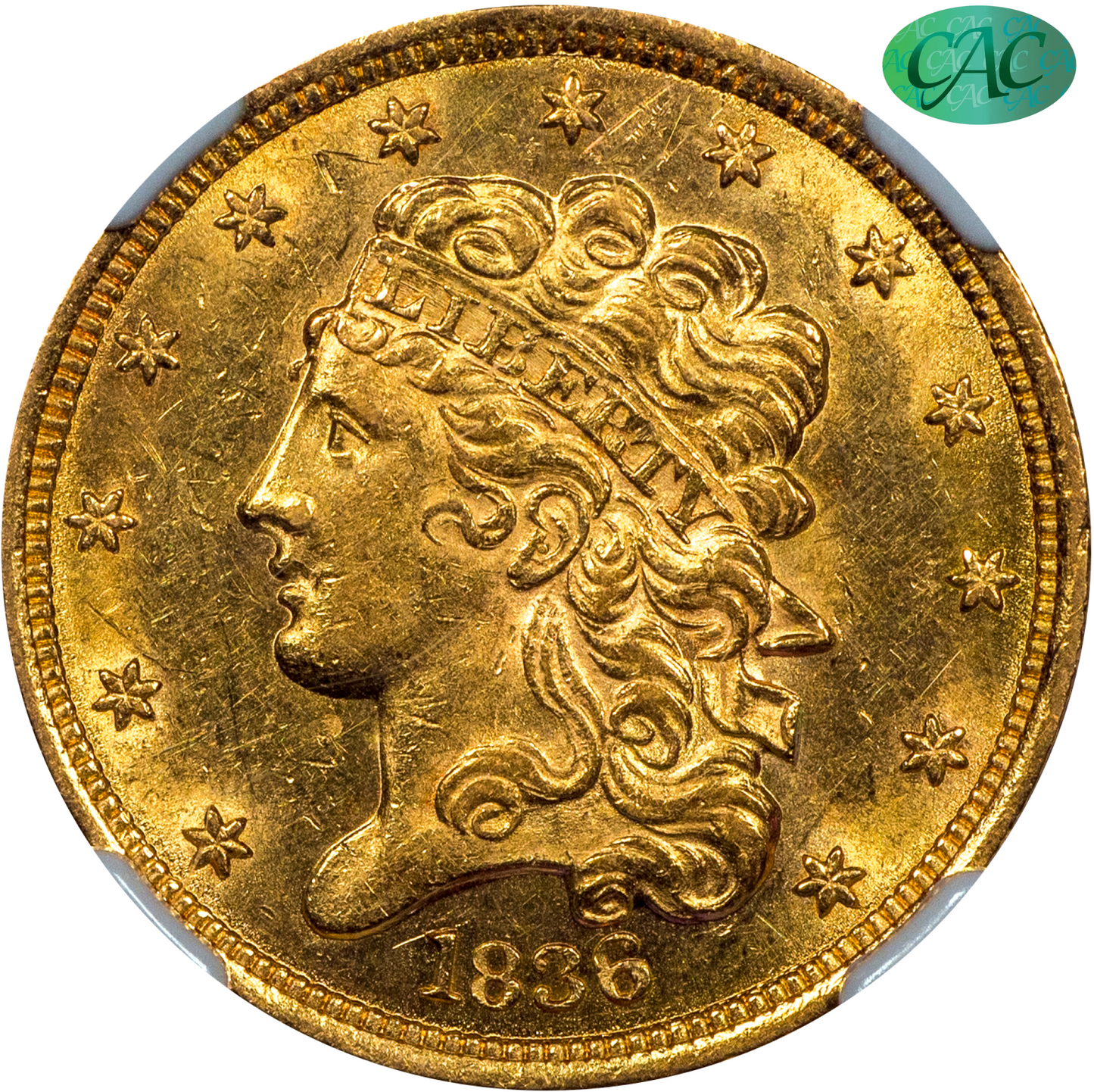 1836 $5 Classic Head Half Eagle AU58 NGC CAC