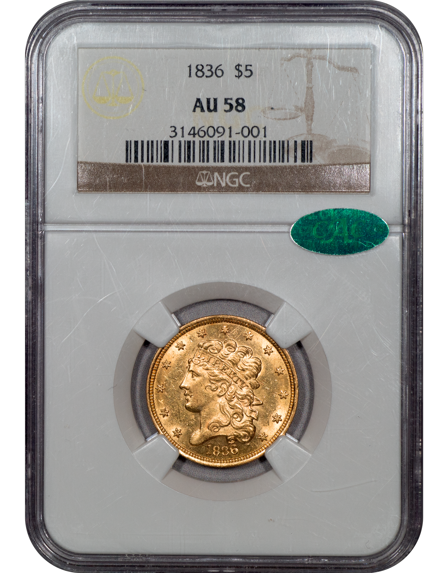 1836 $5 Classic Head Half Eagle AU58 NGC CAC HOLDER WITH GREEN CAC STICKER