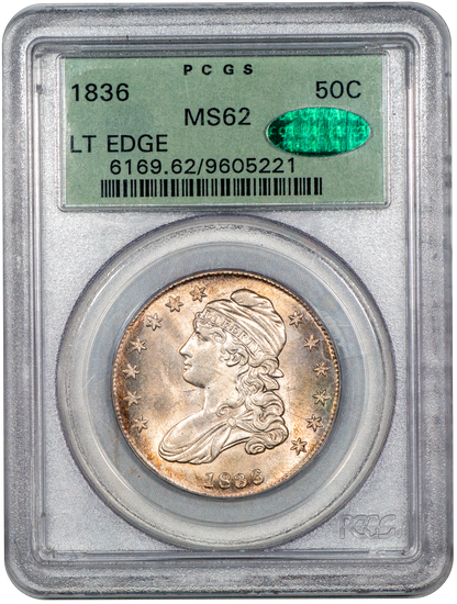 1836 Capped Bust Half Dollar 50C LETTERED EDGE MS62 OGH PCGS CAC HOLDER WITH GREEN CAC STICKER