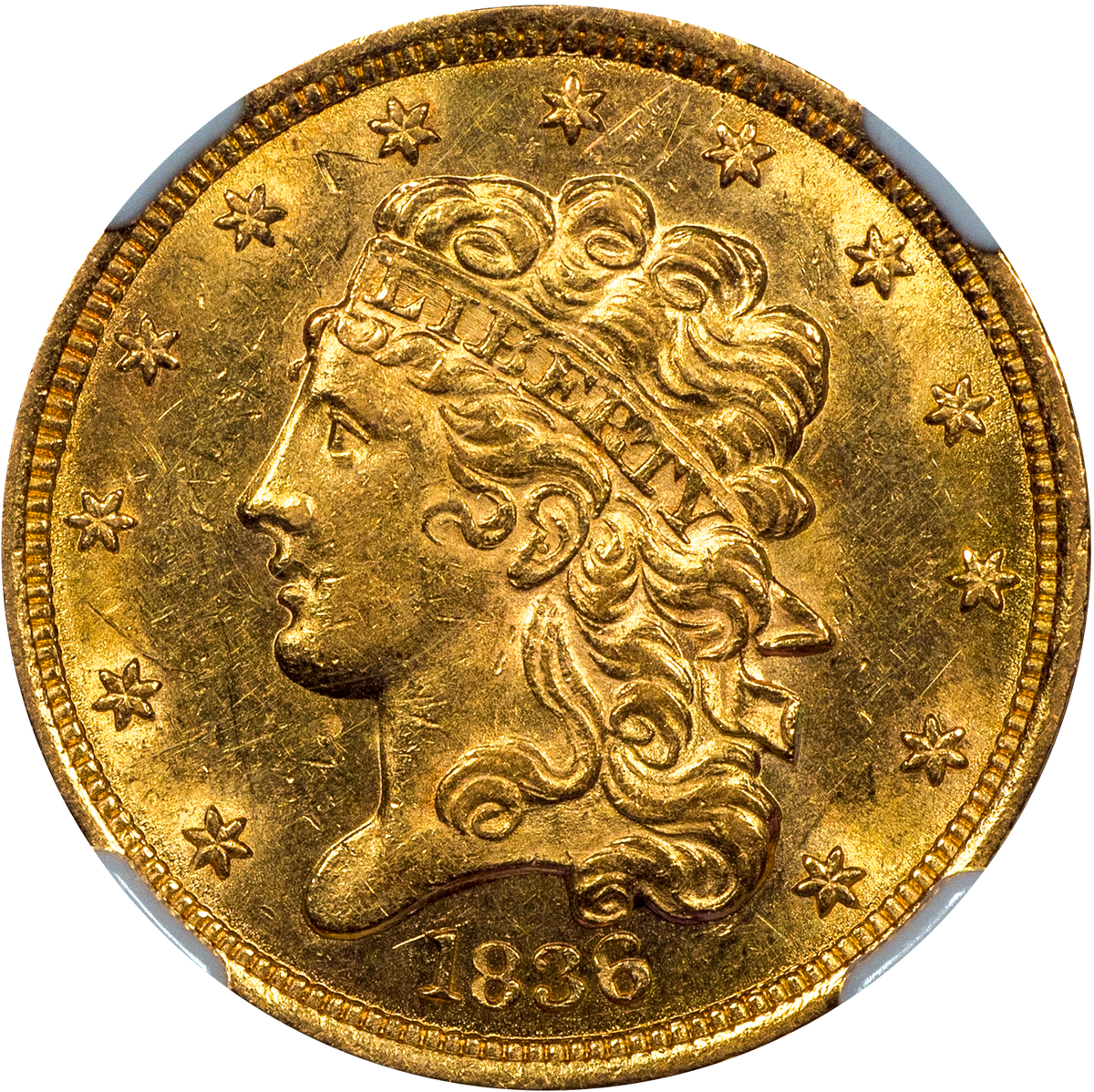 1836 Classic Head Half Eagle $5 Au58 Cacg