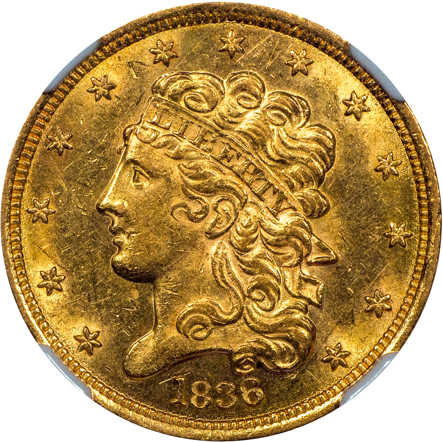 1836 Classic Head Half Eagle $5 Au58 Cacg