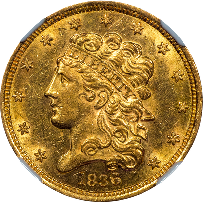 1836 Classic Head Half Eagle $5 Au58 Cacg