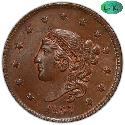 1837 1C MEDIUM MS65 BN PCGS CAC 1C