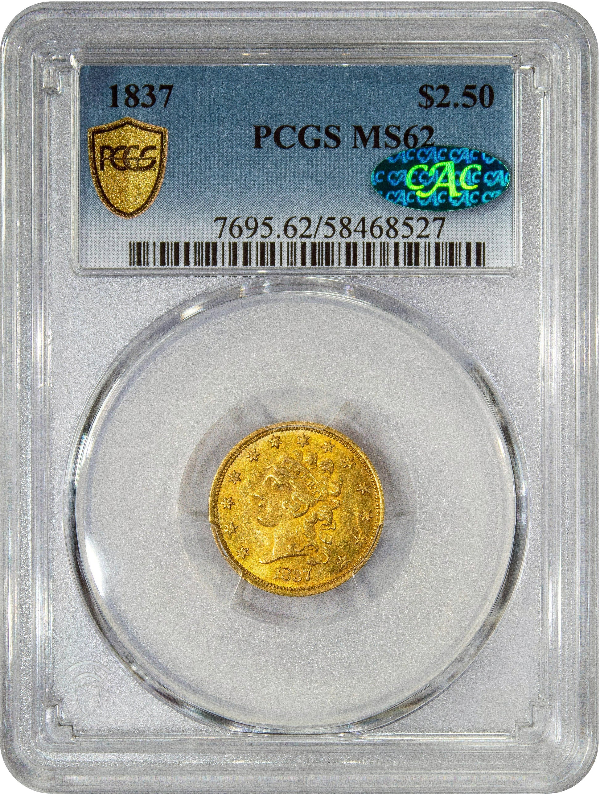 1837 $2.5 MS62 PCGS CAC HOLDER WITH GREEN CAC STICKER