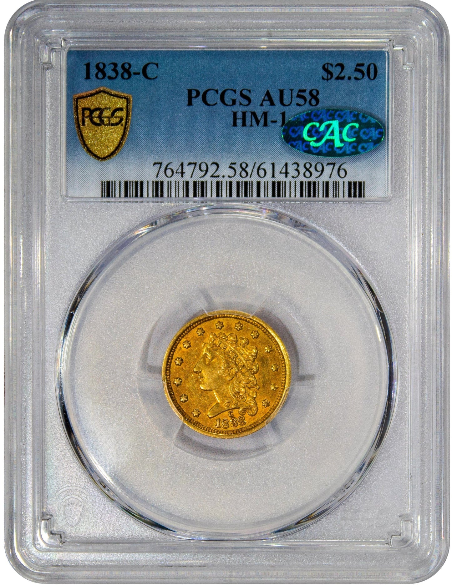 1838-C $2.5 AU58 PCGS CAC HOLDER WITH GREEN CAC STICKER
