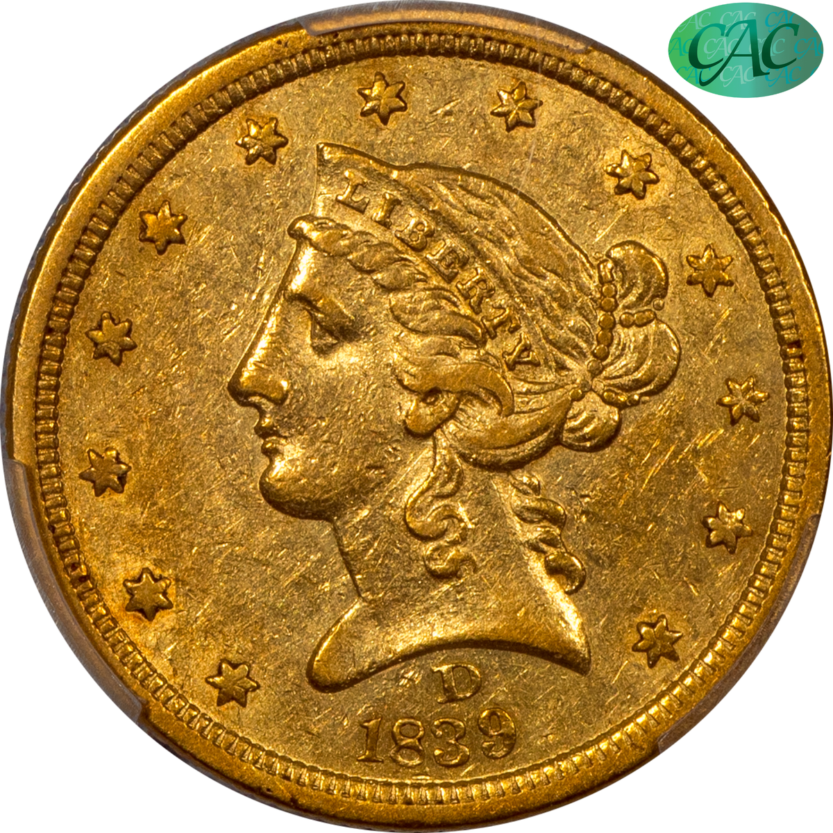 1839-D Liberty Head Half Eagle $5 AU53 PCGS CAC