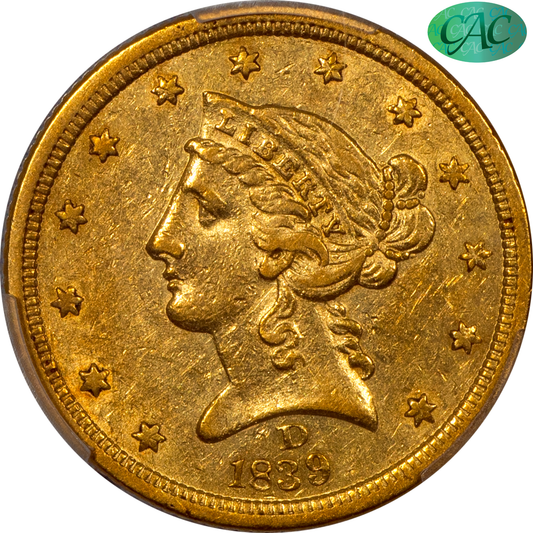 1839-D Liberty Head Half Eagle $5 AU53 PCGS CAC