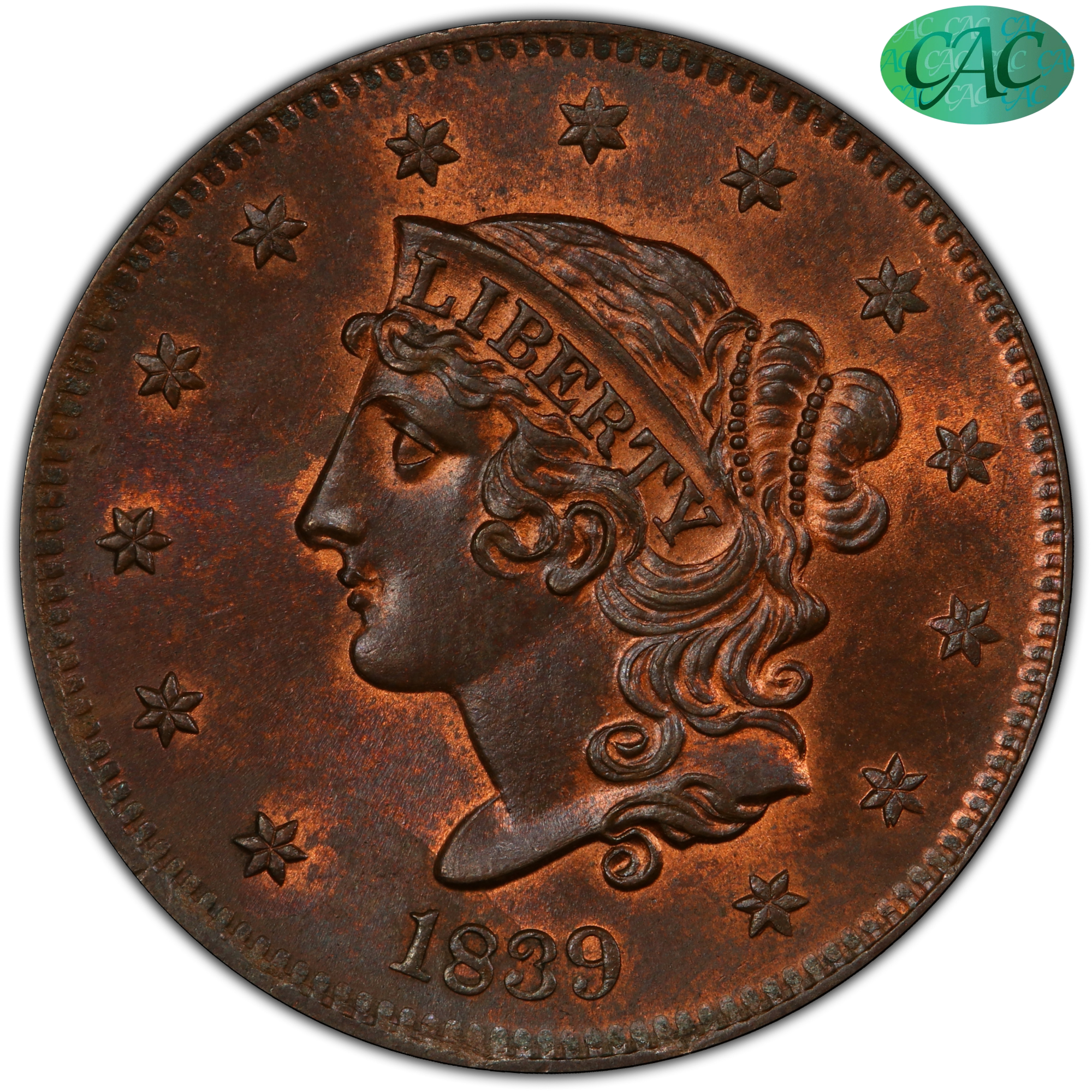 1839 1C BOOBY HEAD MS65 RB PCGS CAC