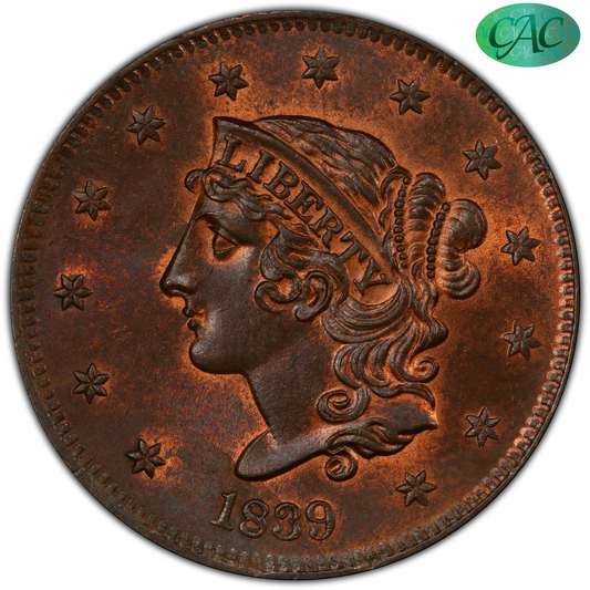 1839 1C BOOBY HEAD MS65 RB PCGS CAC 1C