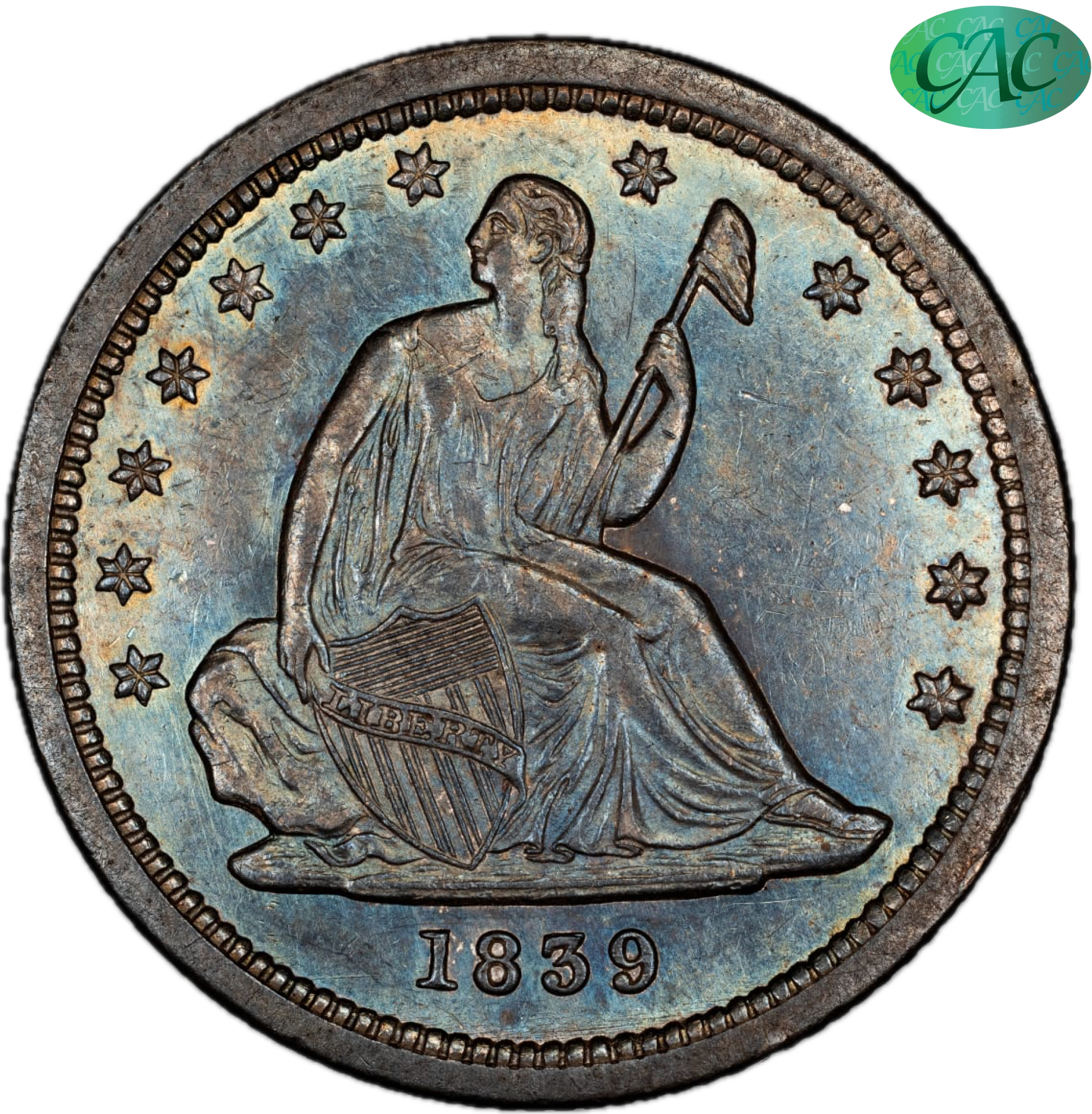 1839 25C NO DRAPERY MS63 PCGS CAC
