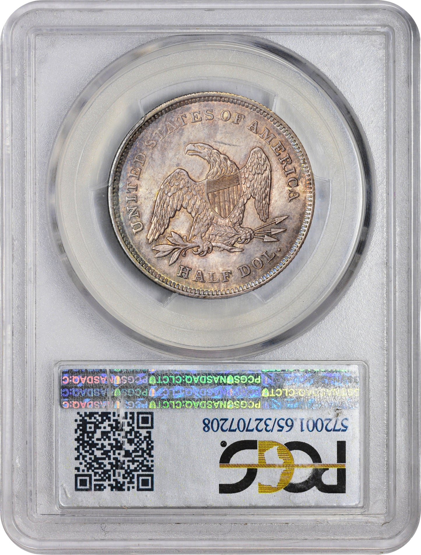 Silver half dollar coin in a protective case with RCGS certification label