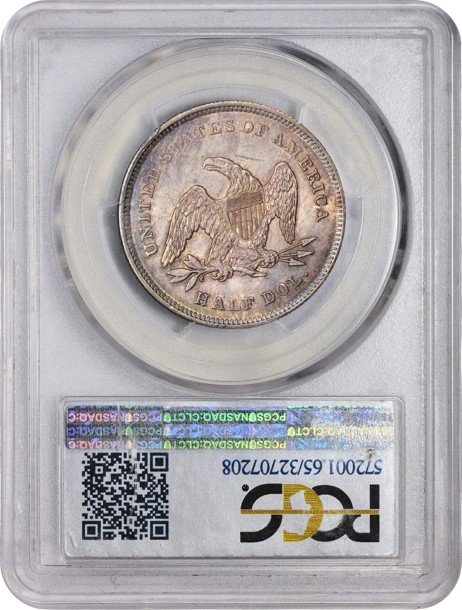 Silver half dollar coin in a protective case with RCGS certification label