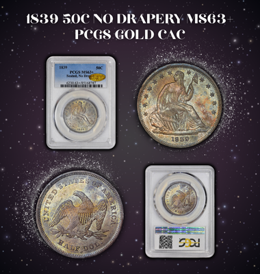 1839 50C NO DRAPERY MS63+ PCGS CAC MOBILE BANNER