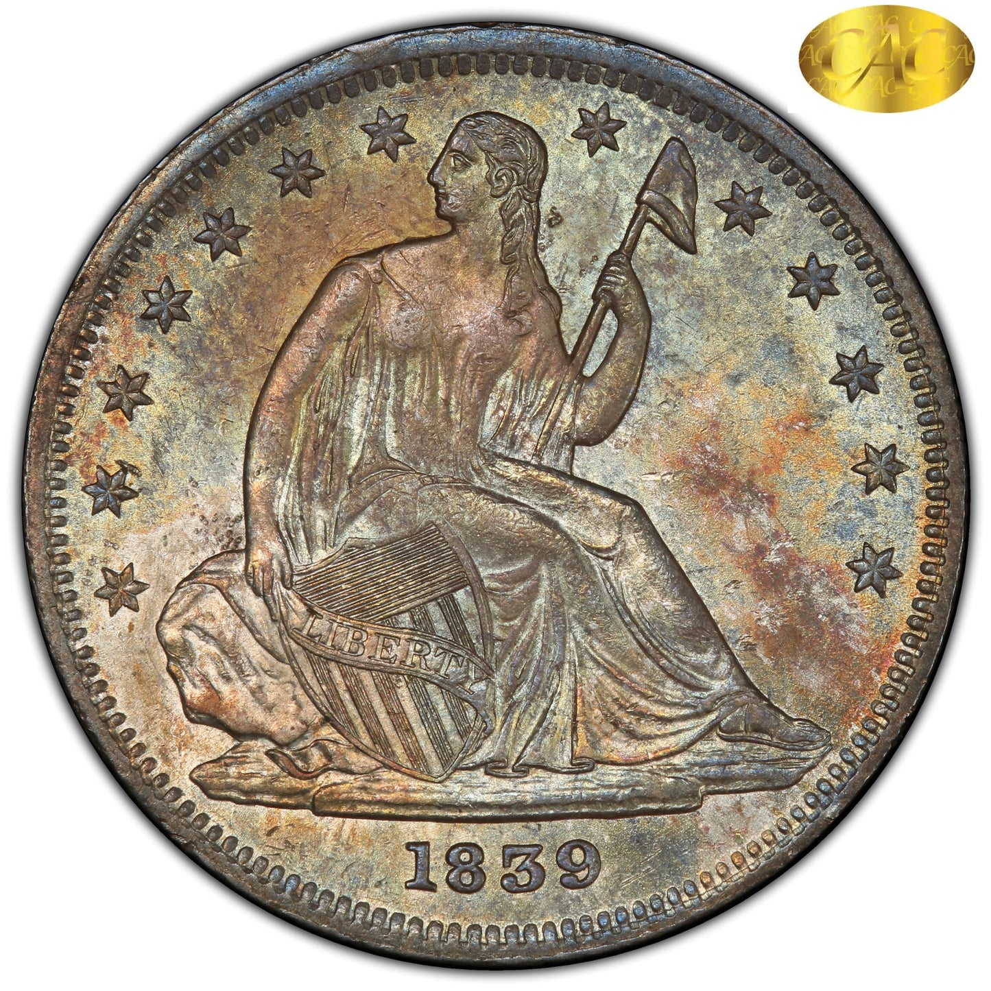 1839 50C NO DRAPERY MS63+ PCGS GOLD CAC
