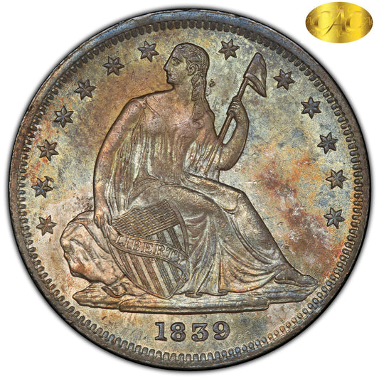 1839 50C NO DRAPERY MS63+ PCGS GOLD CAC