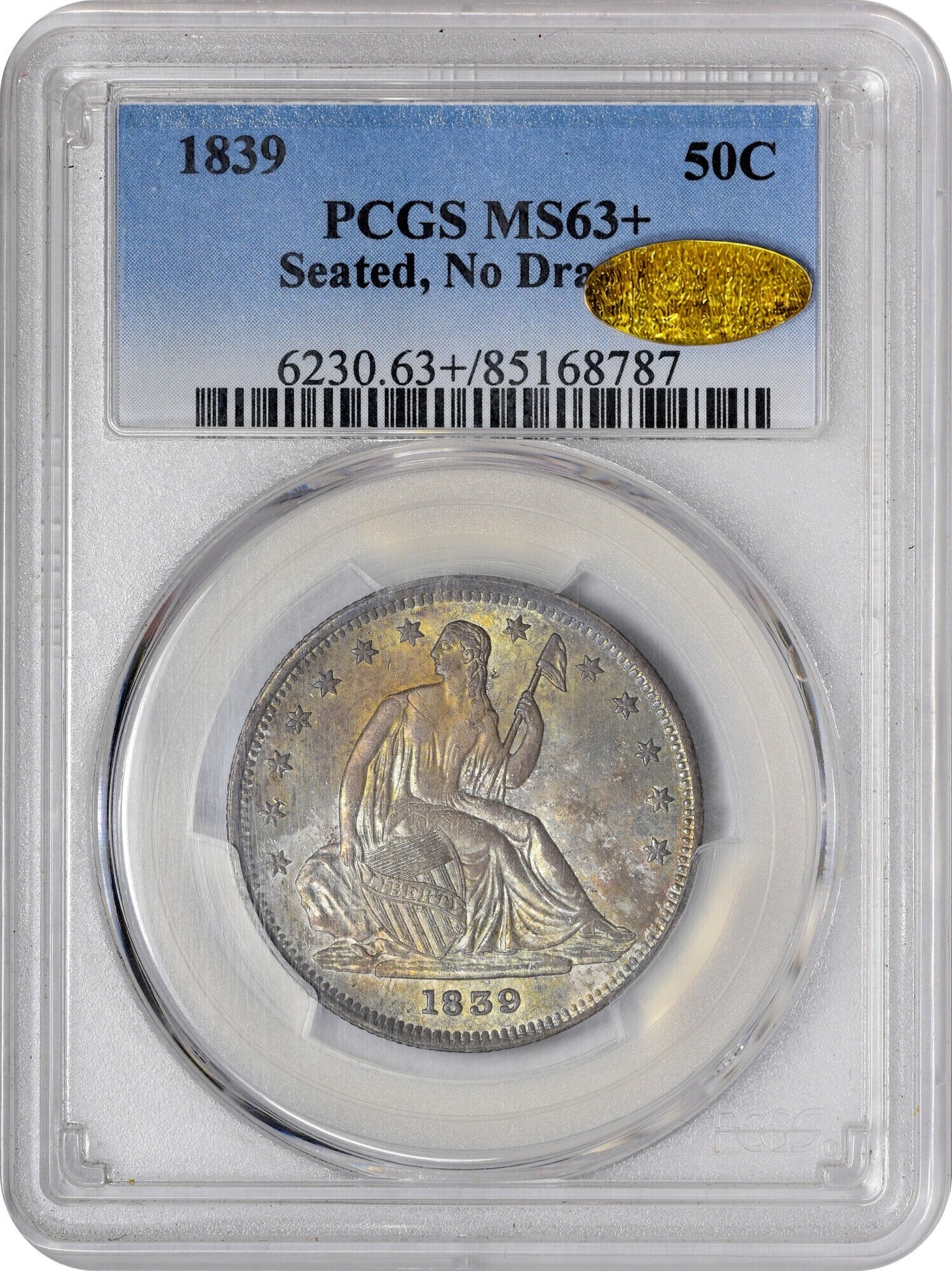 1839 50C NO DRAPERY MS63+ PCGS GOLD CAC with a label indicating 'PCGS MS63+' in a protective case. WITH GOLD CAC