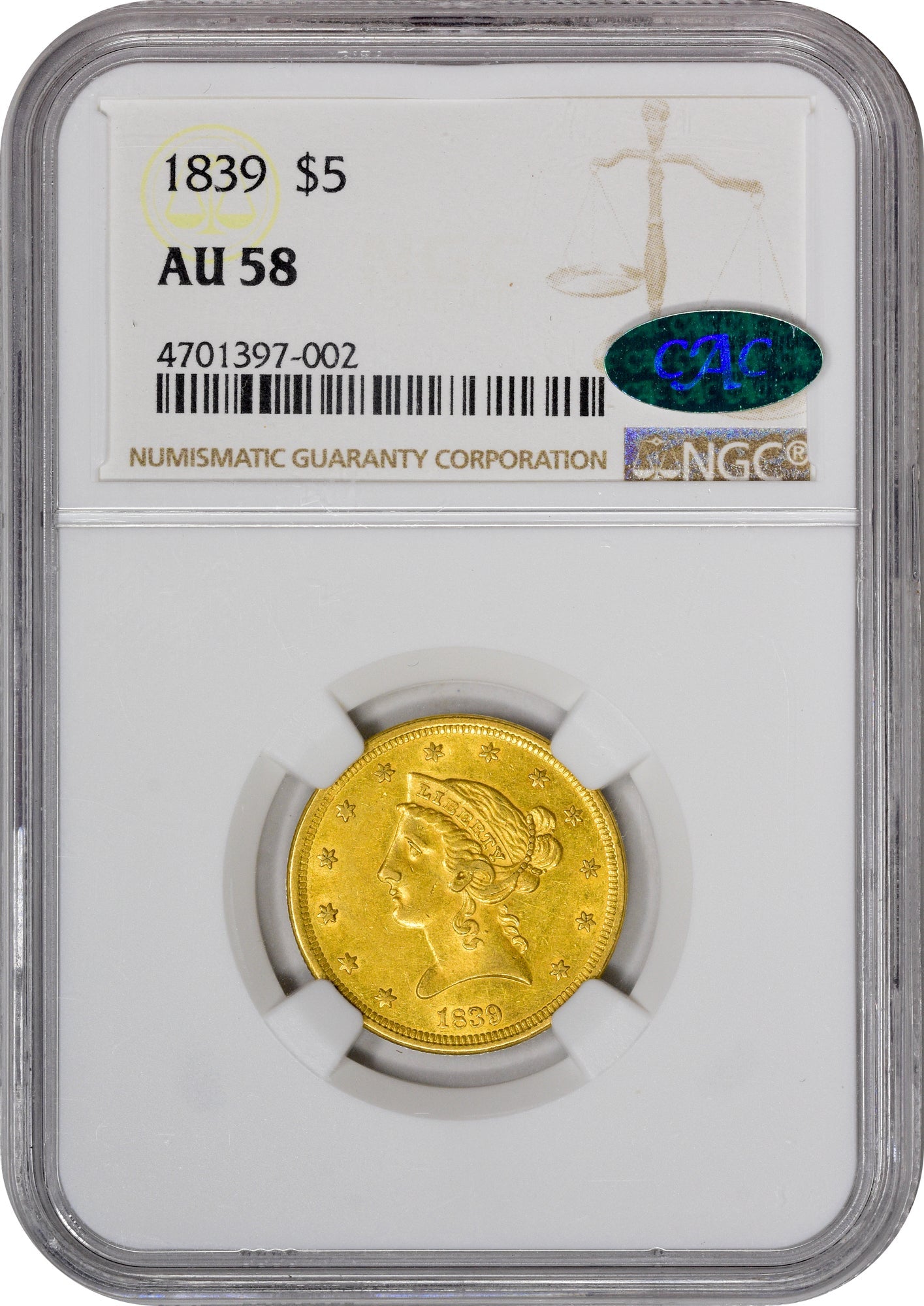 1839 $5 AU58 NGC CAC HOLDER WITH CAC STICKER