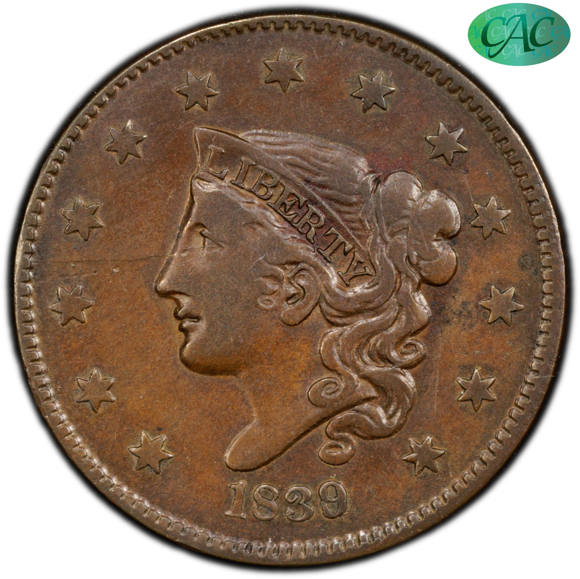 1839/6 1C VF35 PCGS CAC – Paradime Coins
