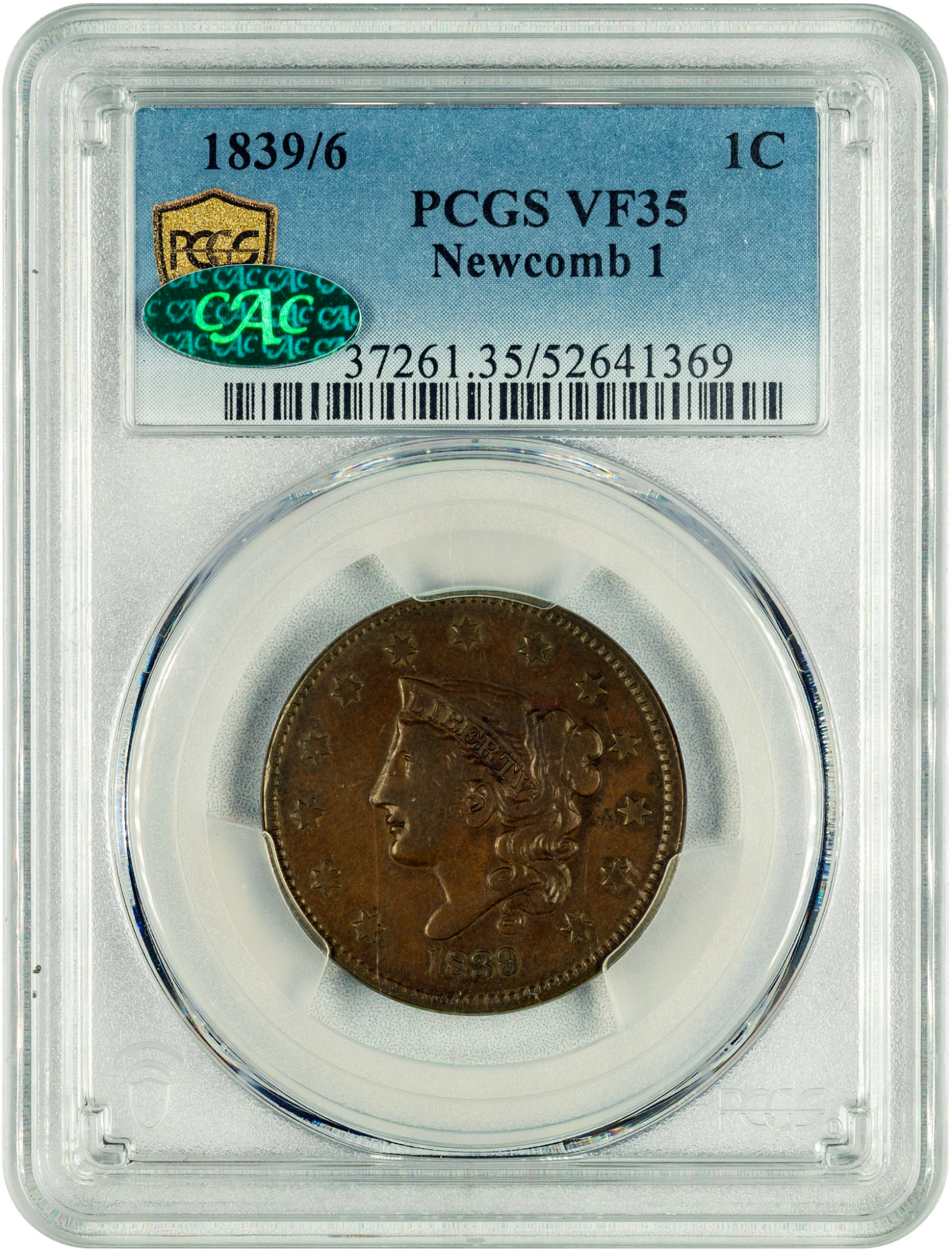 39CENT(*ˊᵕˋ*) 1839/6 1C VF35 PCGS CAC – Paradime Coins